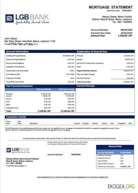 Modèle Word et PDF de relevé hypothécaire de la Banque du Liban et du Golfe